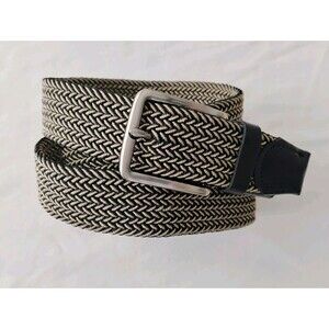 Tommy Bahama Men's Braided Black Tan Woven Stretch Belt L/XL Leather Trim